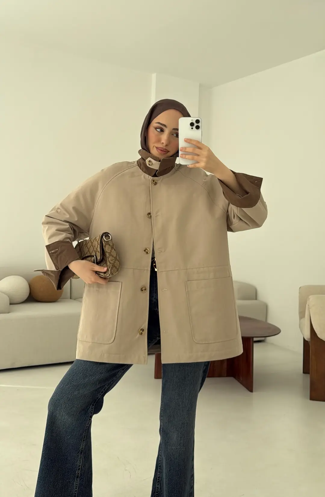 Beli Kordonlu Dolgulu Ceket Bej - Görsel 6