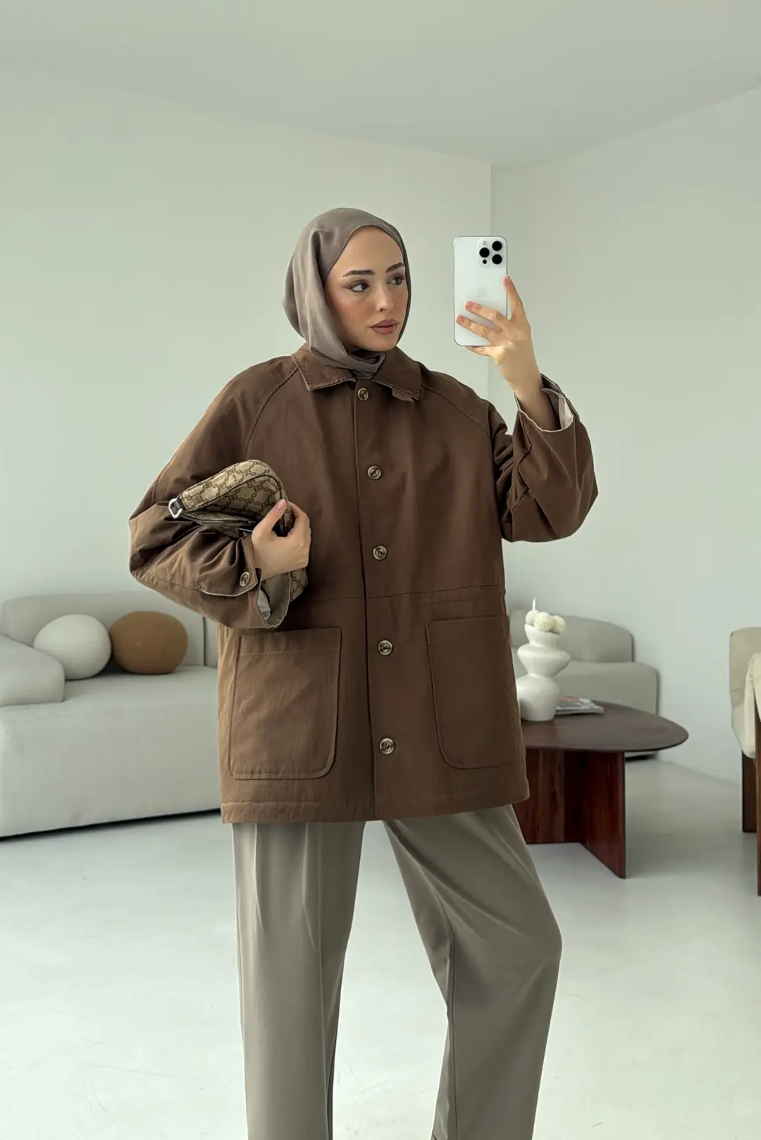 Beli Kordonlu Dolgulu Ceket Kahve - Görsel 9