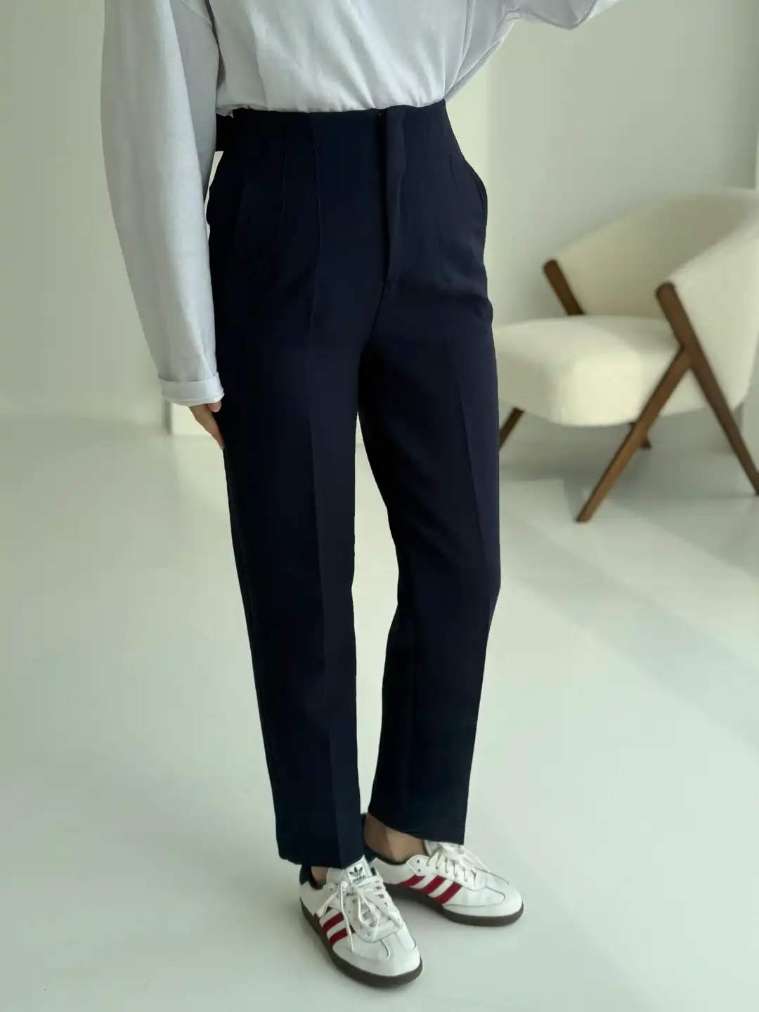 Beli Pens Detay Kumaş Pantolon Lacivert