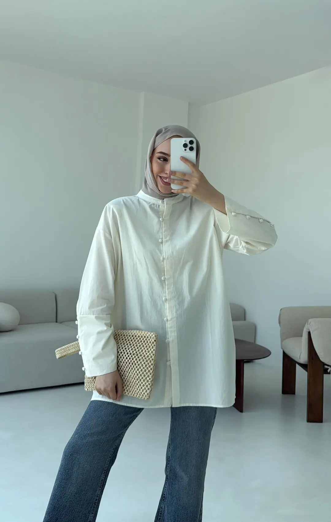 Birit Dügmeli Gömlek Ekru - Görsel 3