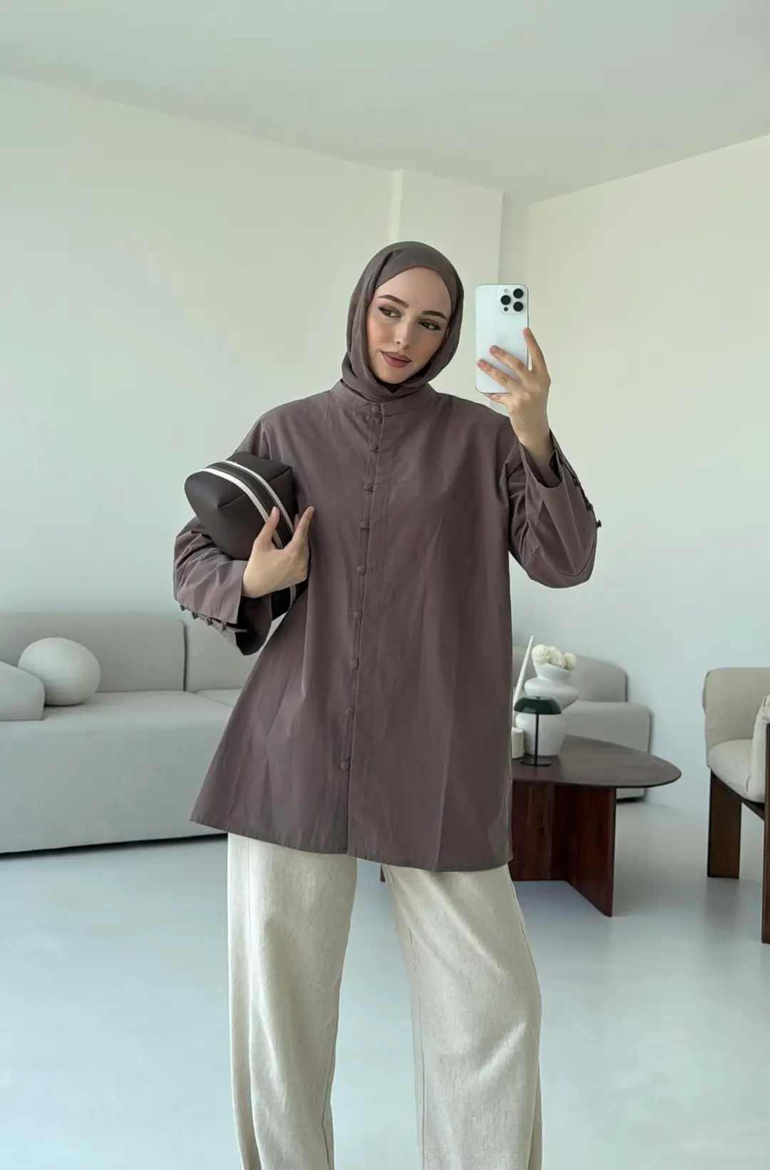 Birit Dügmeli Gömlek Kahve - Görsel 2