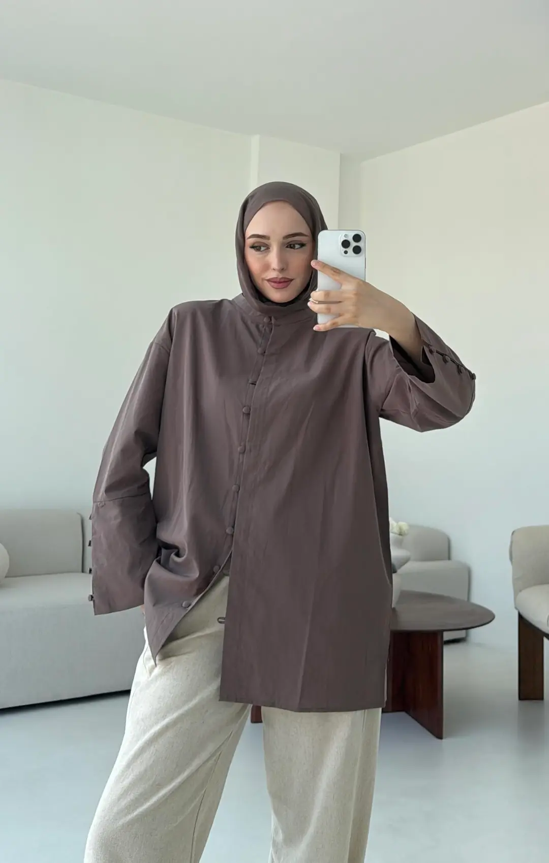 Birit Dügmeli Gömlek Kahve - Görsel 8