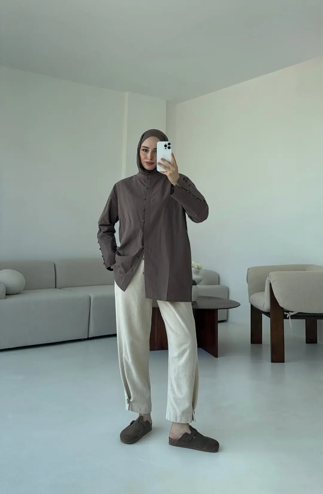 Birit Dügmeli Gömlek Kahve - Görsel 9