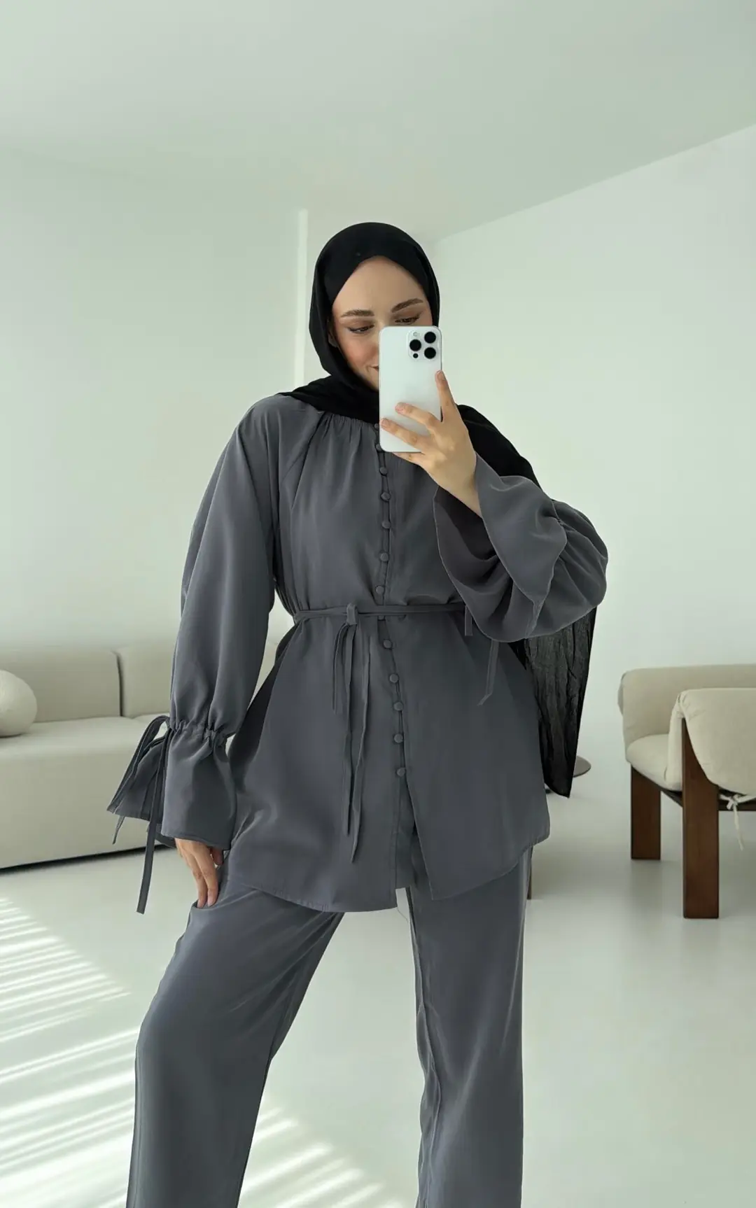 Birit  Düğmeli Tencel Takım Antrasit - Görsel 2