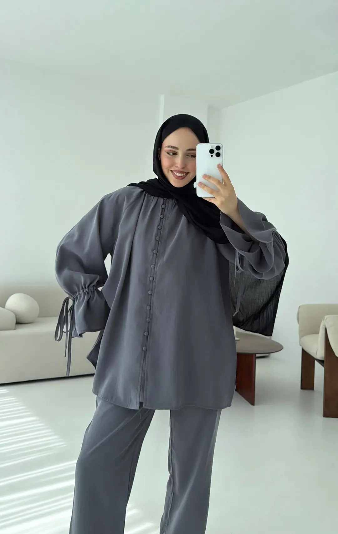 Birit  Düğmeli Tencel Takım Antrasit - Görsel 6