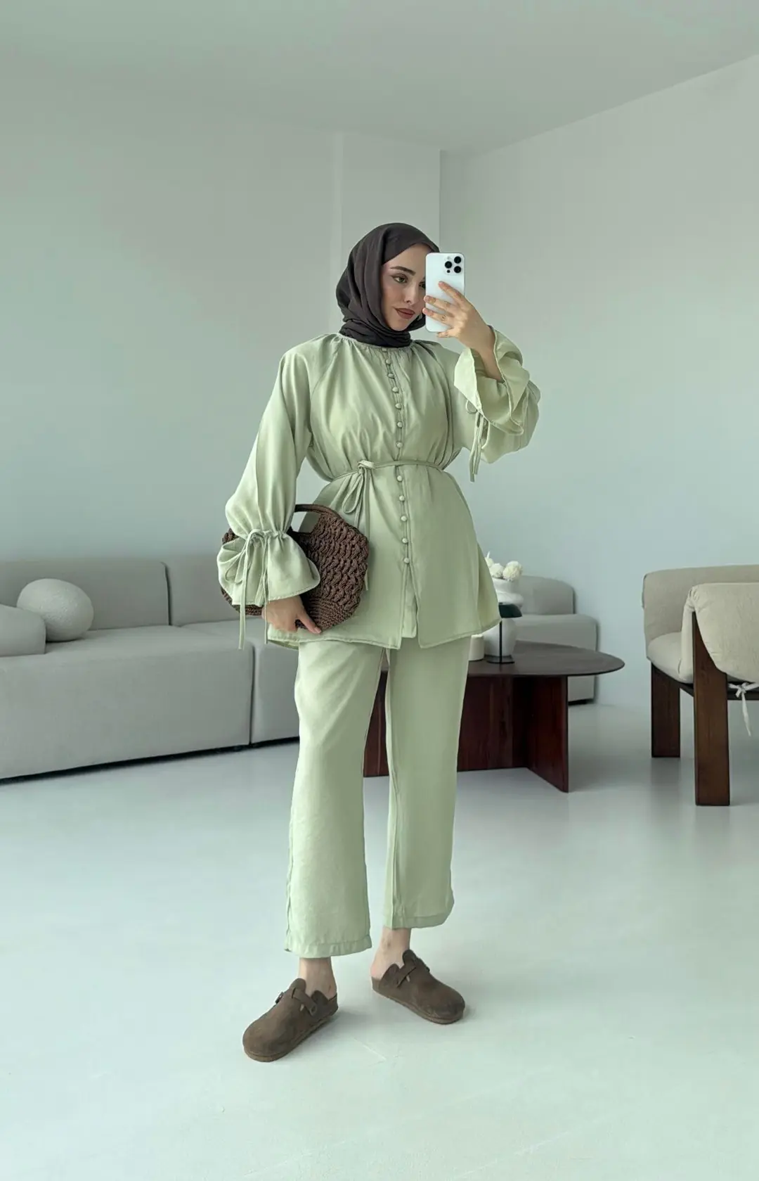 Birit  Düğmeli Tencel Takım Küf Yeşili - Görsel 2