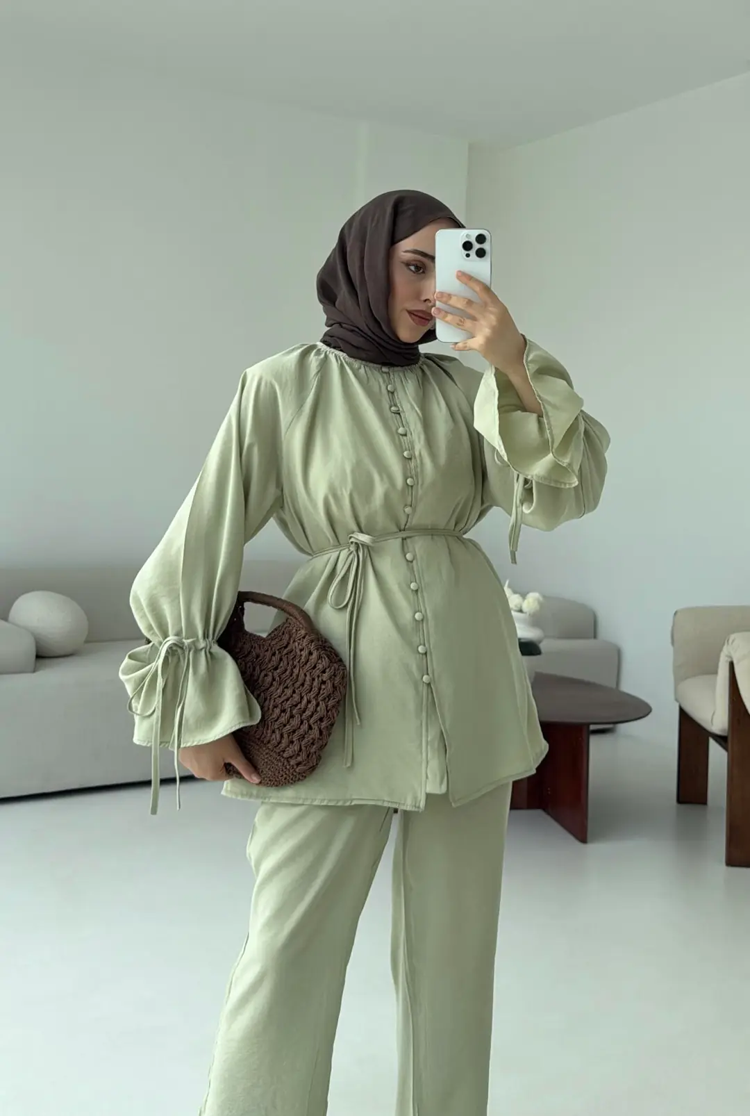 Birit  Düğmeli Tencel Takım Küf Yeşili - Görsel 5