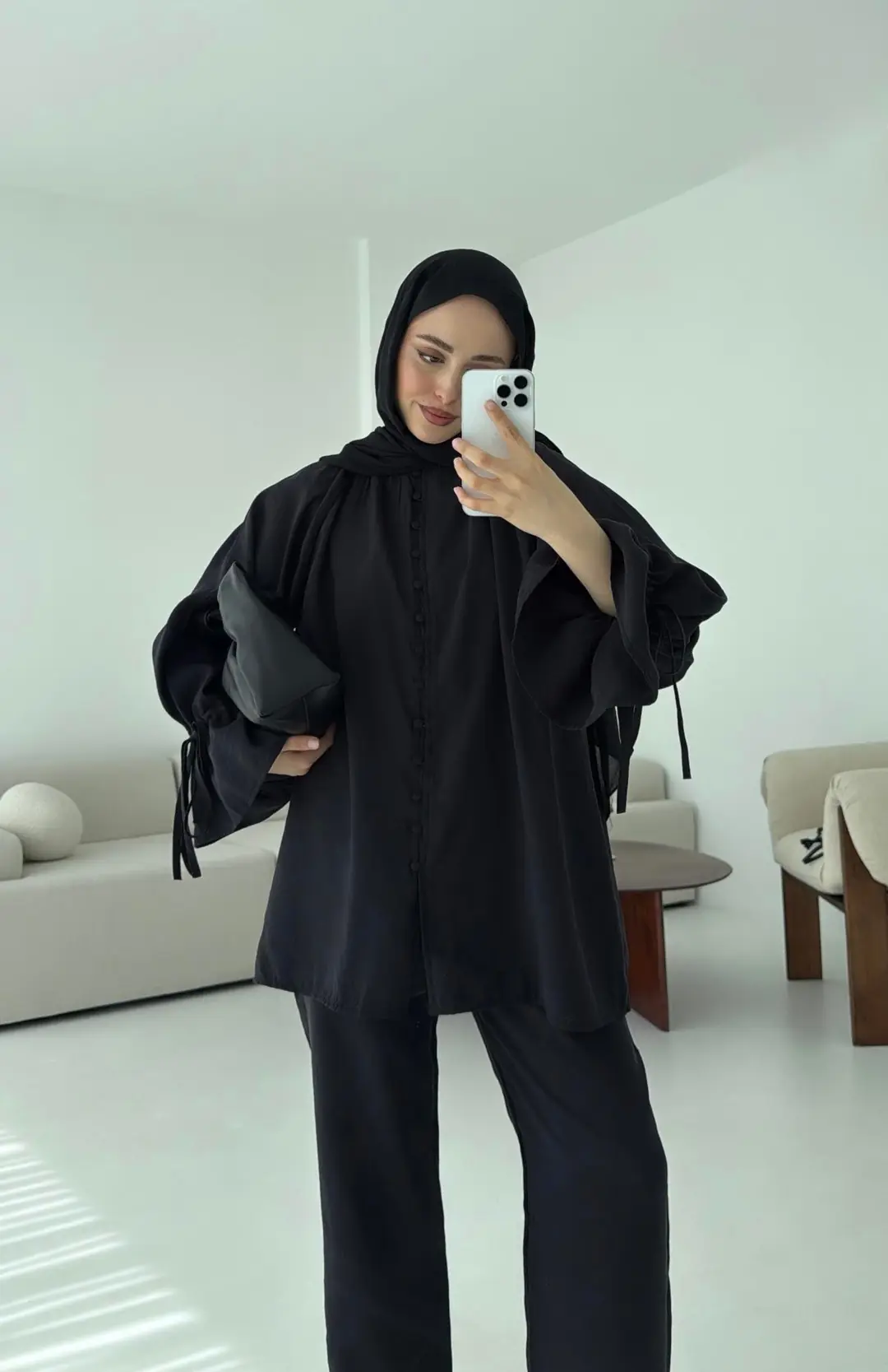 Birit Düğmeli Tencel Takım Siyah - Görsel 2