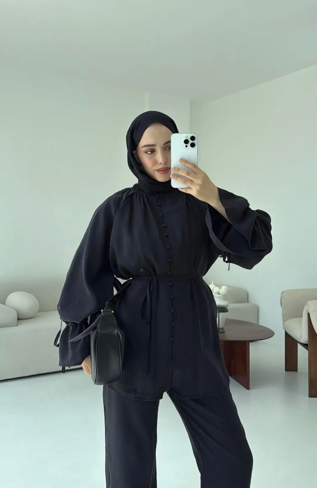 Birit  Düğmeli Tencel Takım Siyah