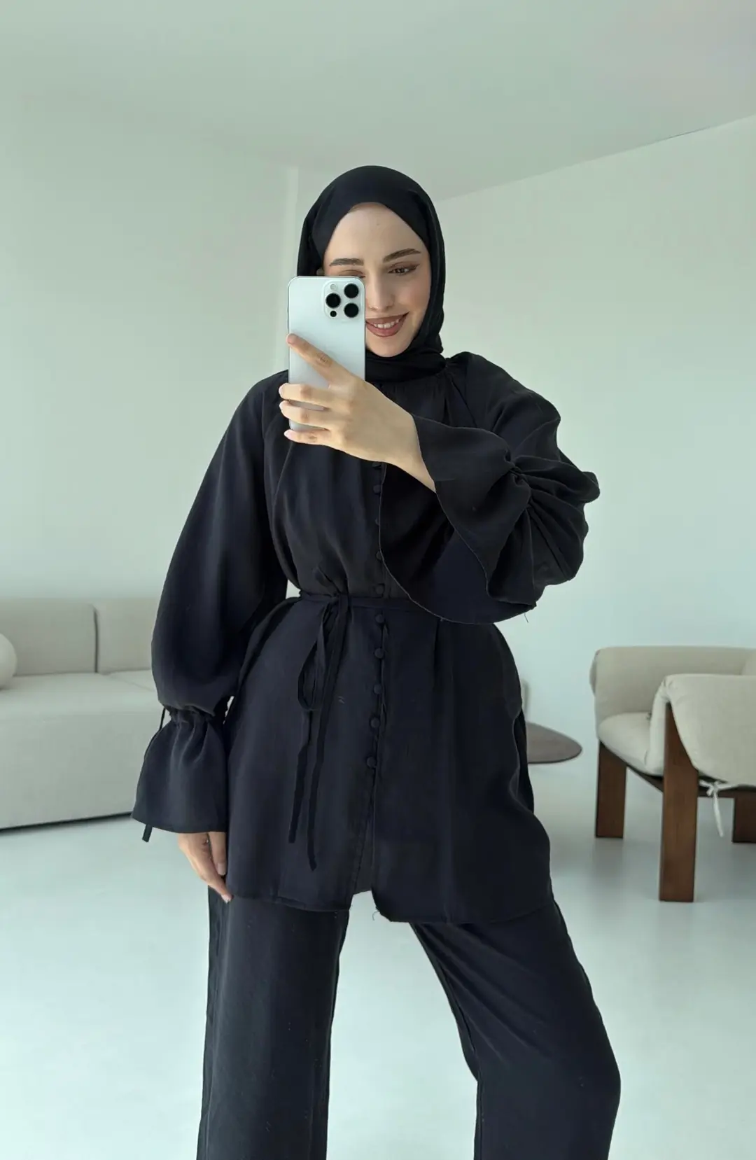 Birit  Düğmeli Tencel Takım Siyah - Görsel 2