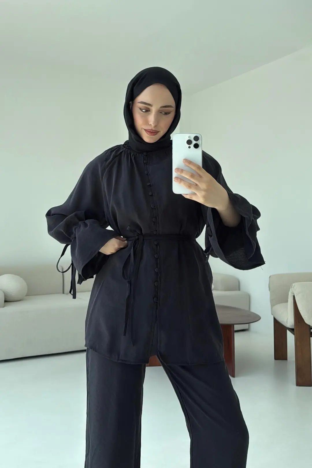 Birit  Düğmeli Tencel Takım Siyah - Görsel 3