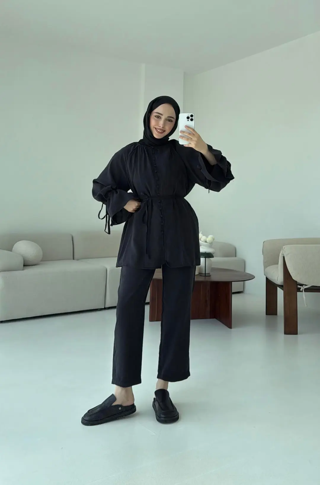 Birit  Düğmeli Tencel Takım Siyah - Görsel 4