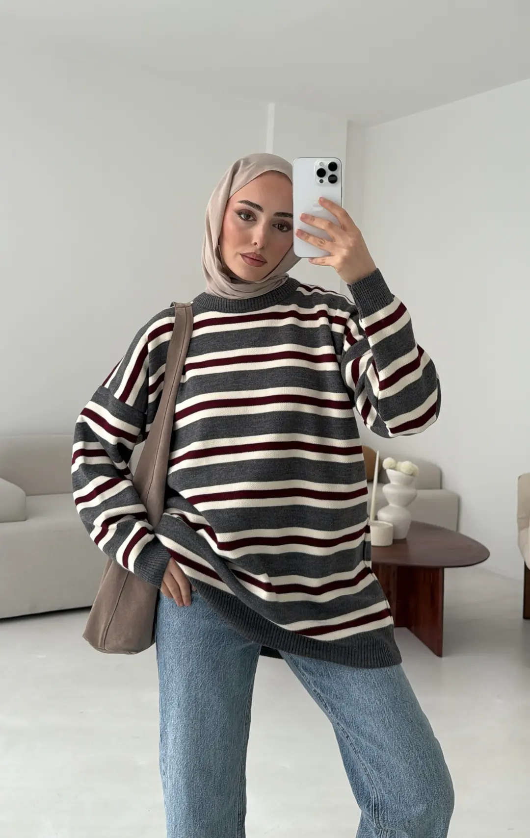 Bisiklet Yaka Çizgili Uzun Triko Kazak gri - Görsel 2