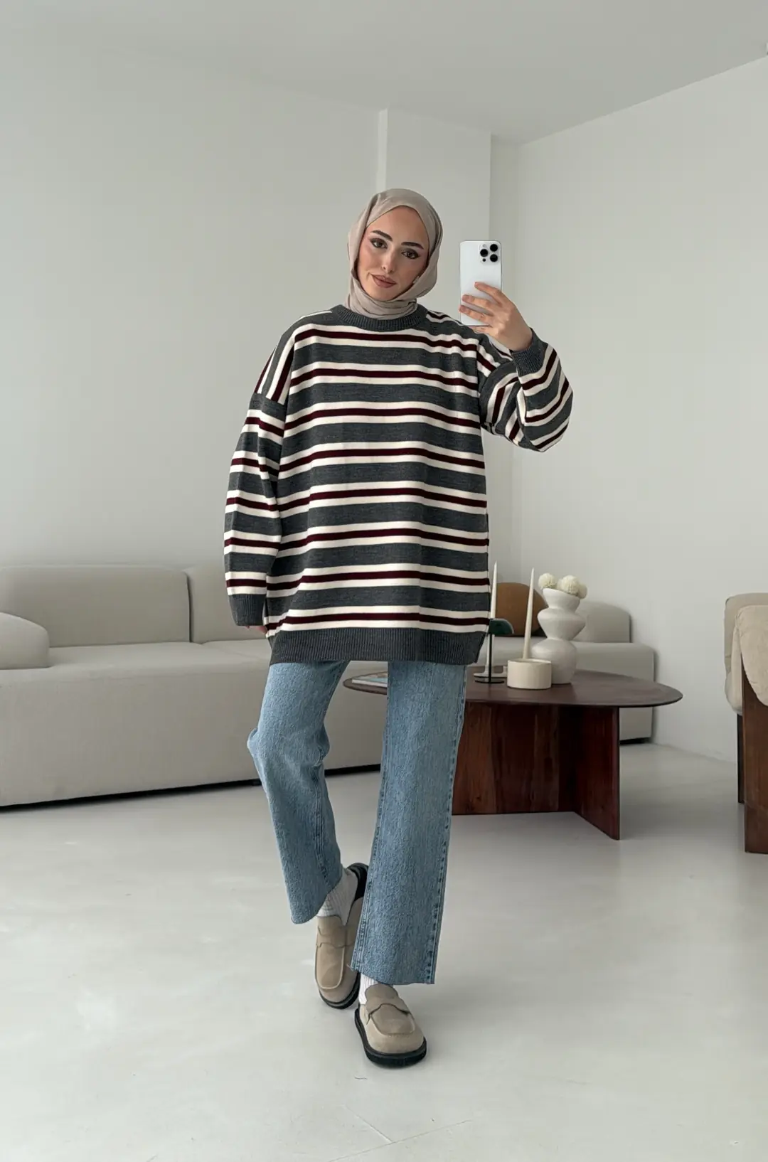 Bisiklet Yaka Çizgili Uzun Triko Kazak gri - Görsel 3