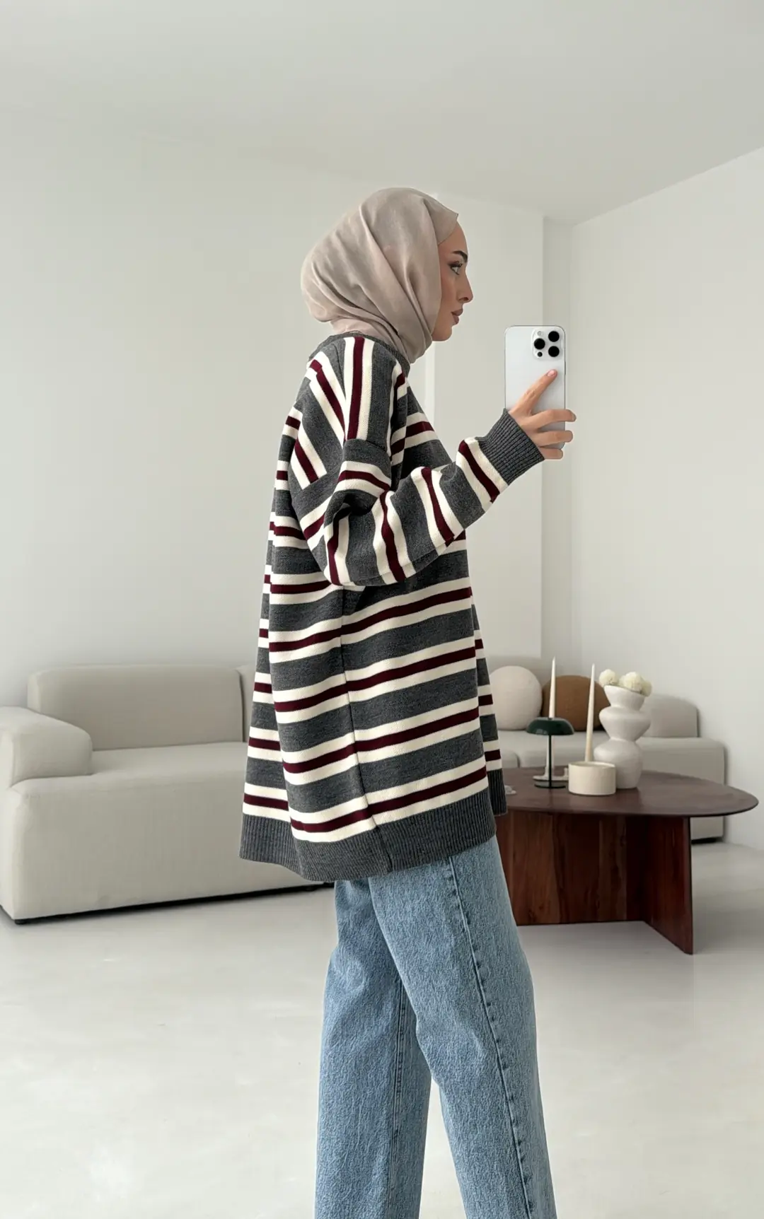 Bisiklet Yaka Çizgili Uzun Triko Kazak gri - Görsel 6