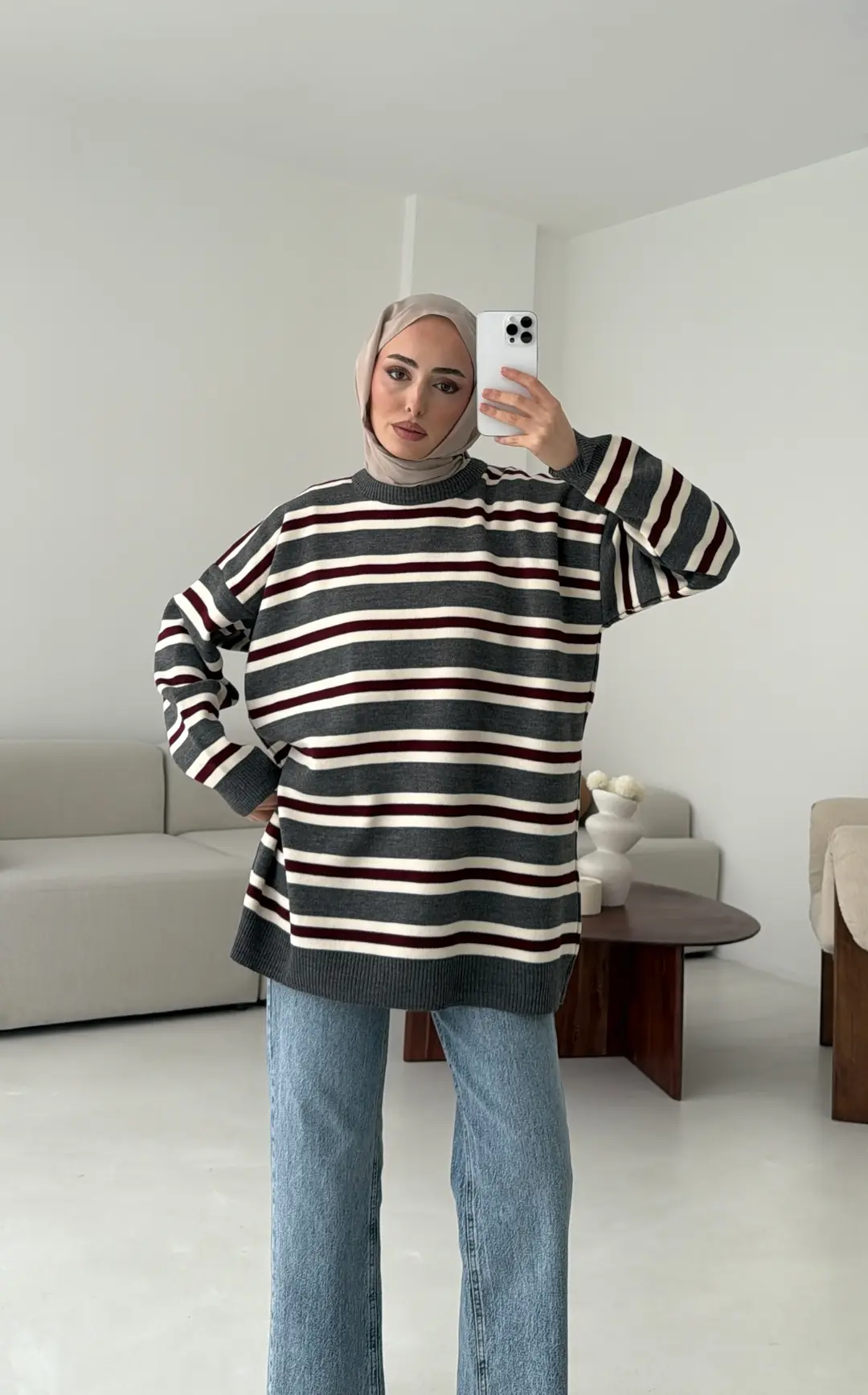 Bisiklet Yaka Çizgili Uzun Triko Kazak gri - Görsel 7