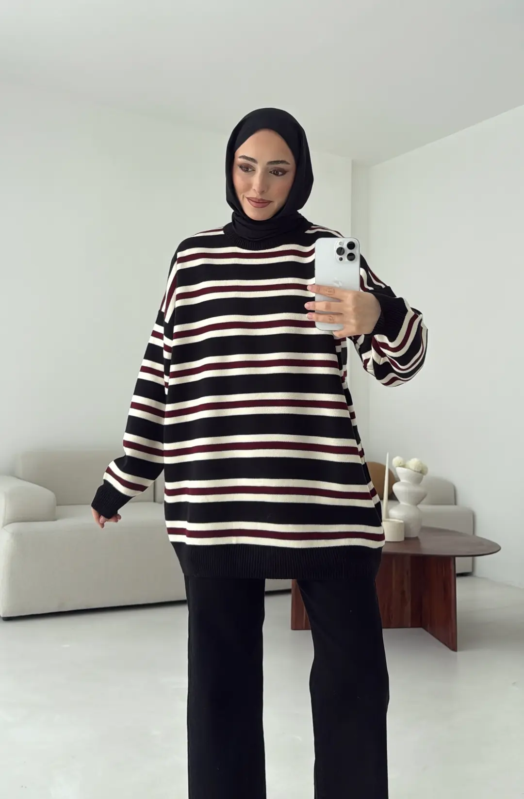 Bisiklet Yaka Çizgili Uzun Triko Kazak Siyah - Görsel 3