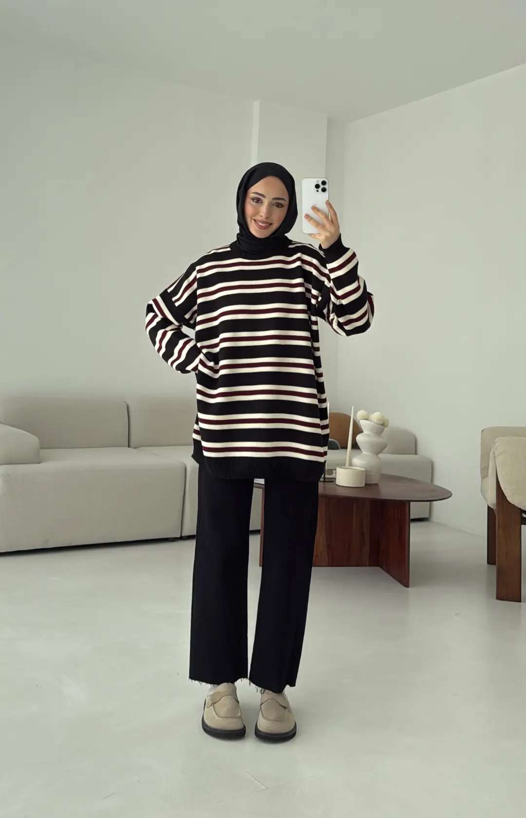 Bisiklet Yaka Çizgili Uzun Triko Kazak Siyah - Görsel 4