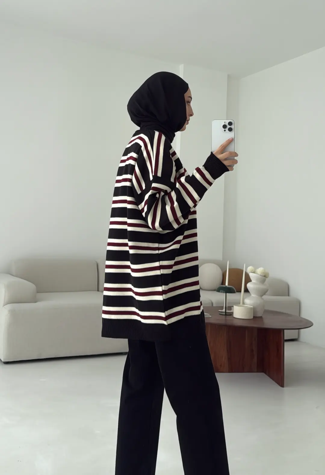 Bisiklet Yaka Çizgili Uzun Triko Kazak Siyah - Görsel 8