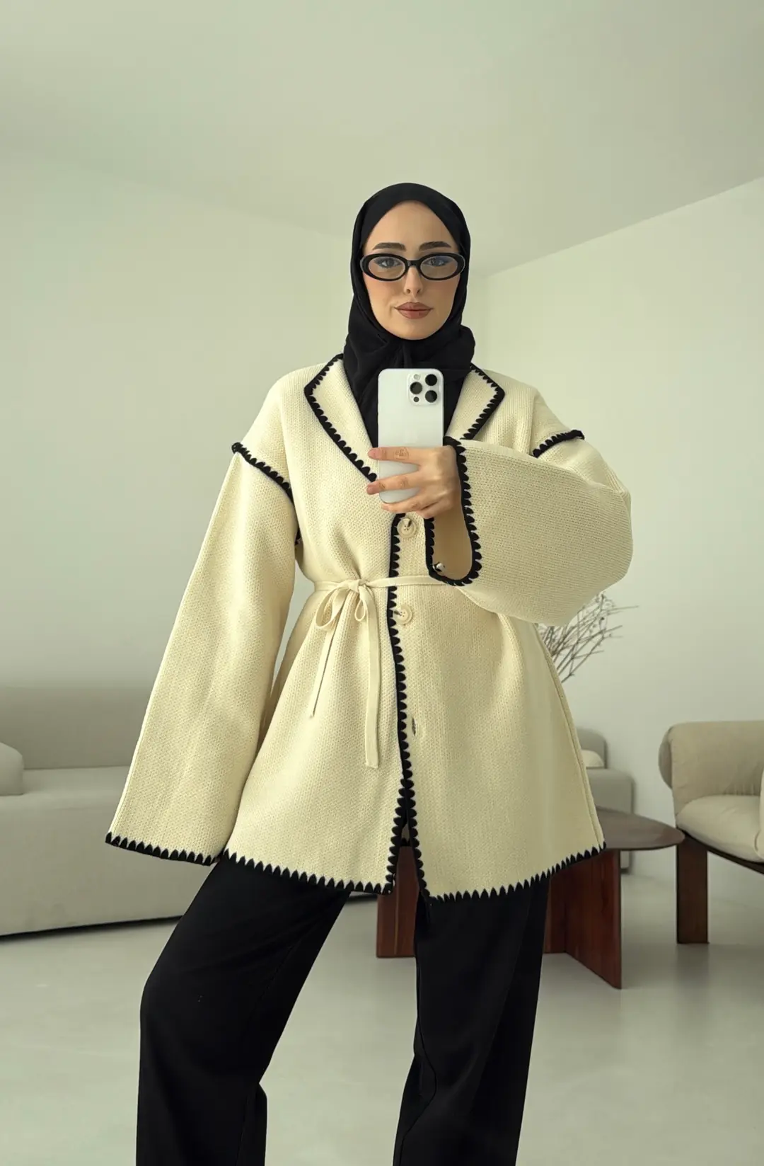 Biye İşleme Detaylı Sık Örme Hırka Krem - Görsel 10