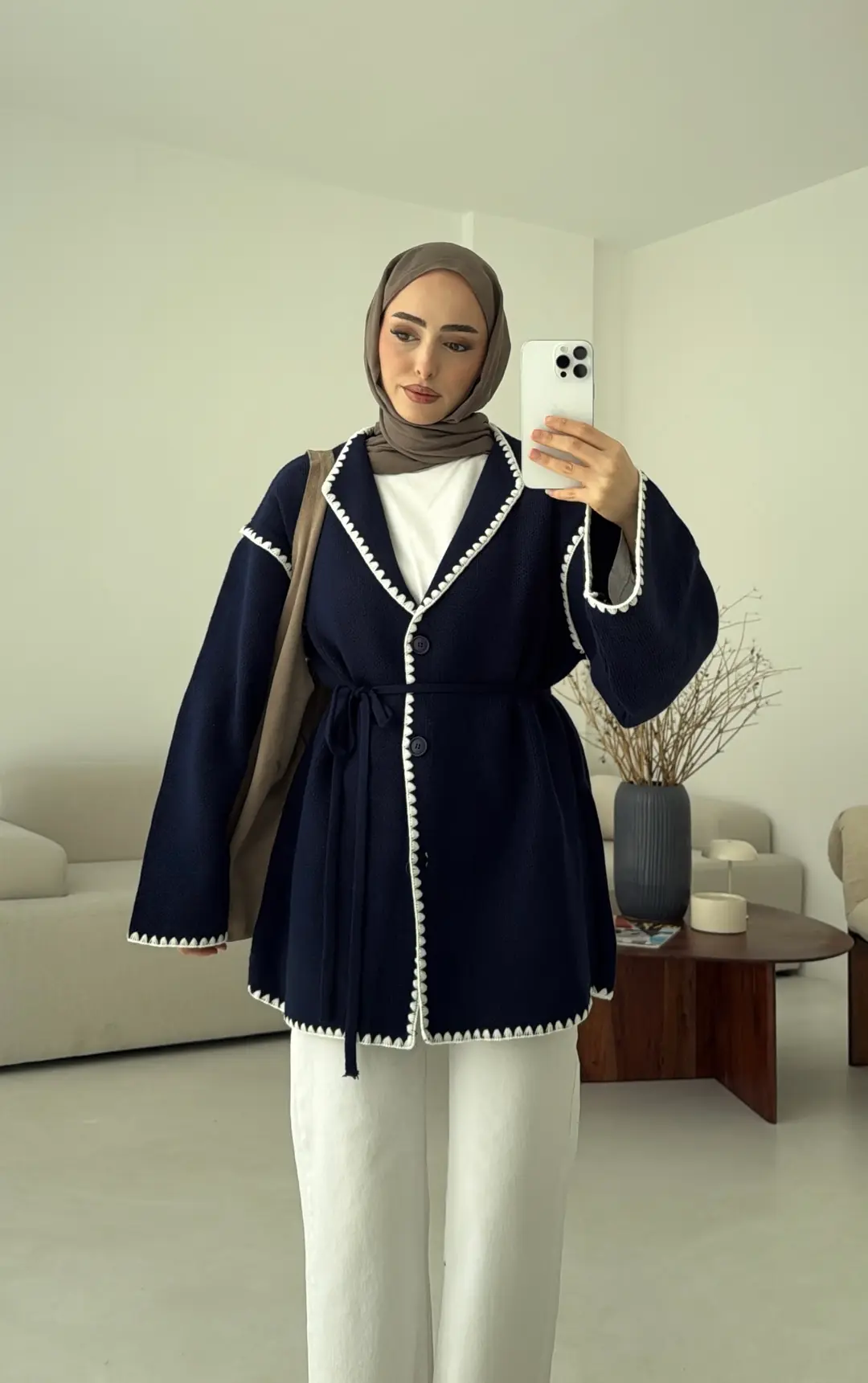 Biye İşleme Detaylı Sık Örme Hırka Lacivert - Görsel 3