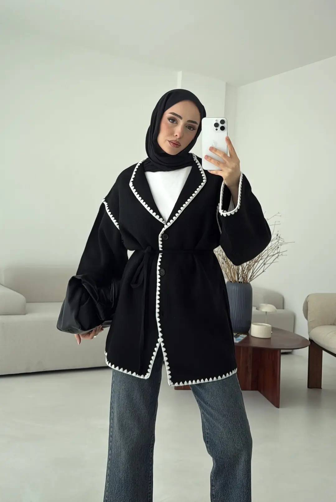 Biye İşleme Detaylı Sık Örme Hırka Siyah - Görsel 10