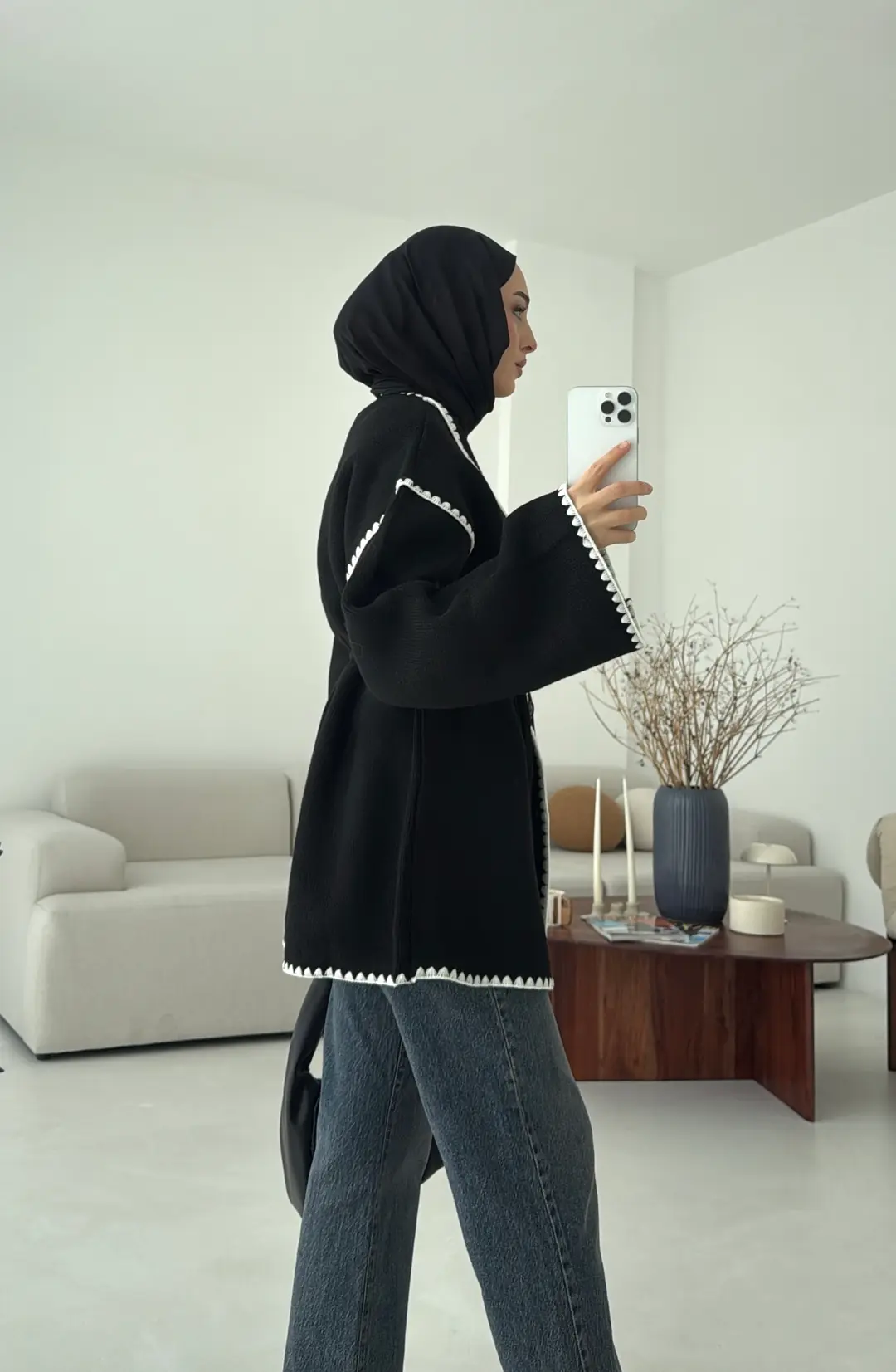 Biye İşleme Detaylı Sık Örme Hırka Siyah - Görsel 2