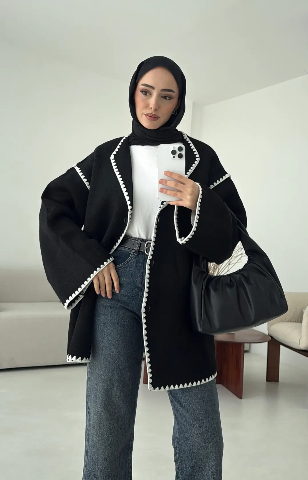 Biye İşleme Detaylı Sık Örme Hırka Siyah - Görsel 8