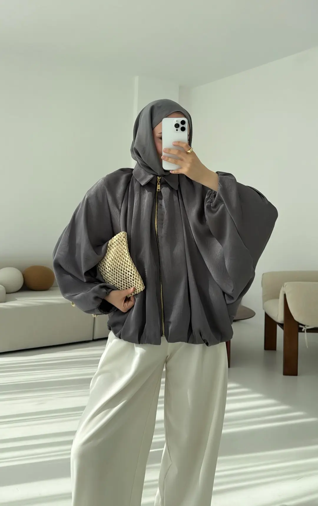 Bomber Saten Ceket Gri - Görsel 3