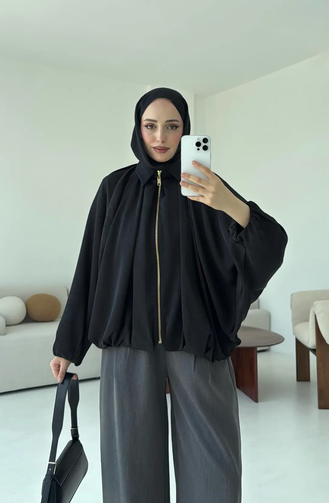 Bomber Saten Ceket Siyah - Görsel 4