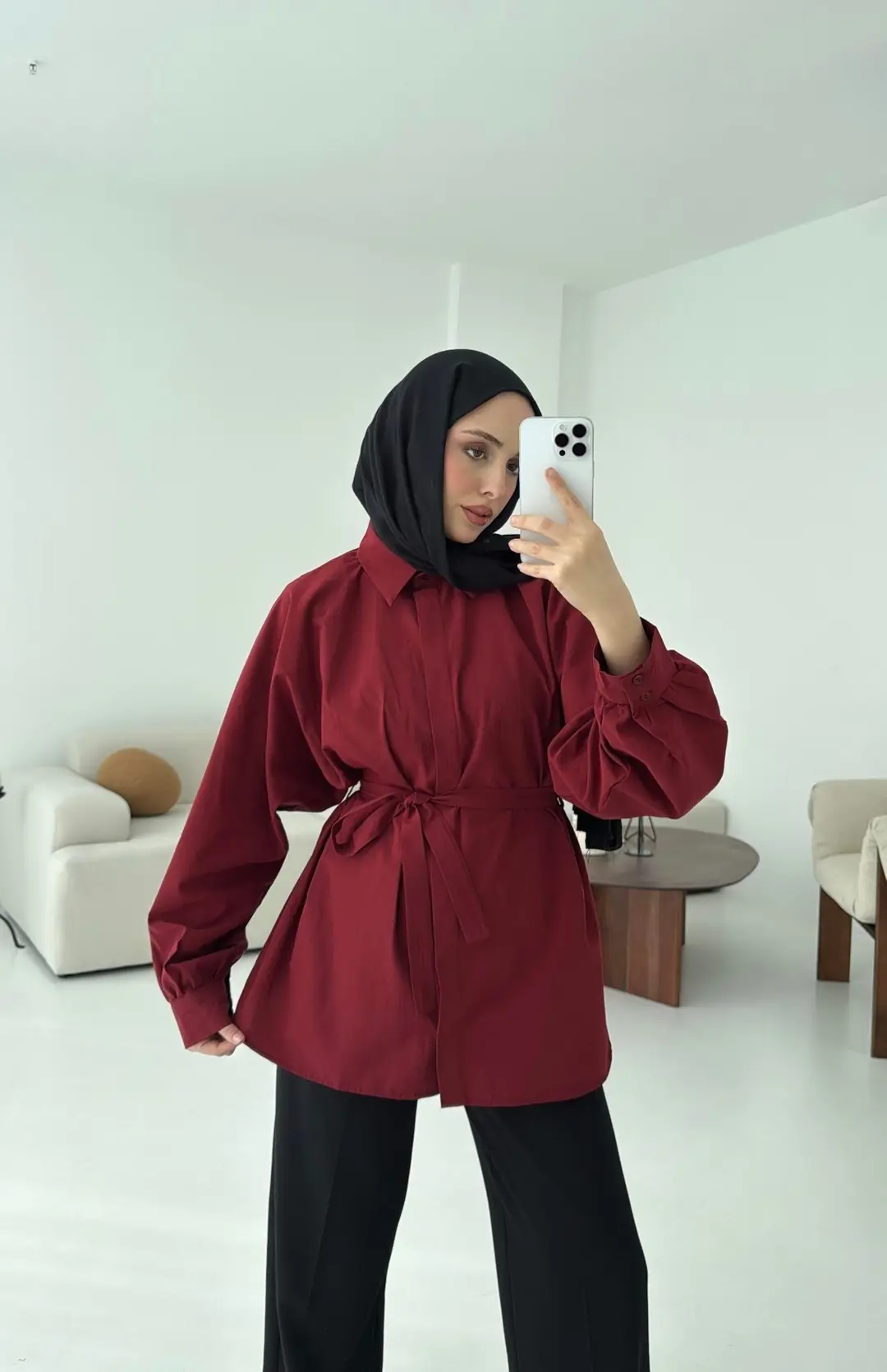 Bordo Balon Kol Bağlamalı Gömlek