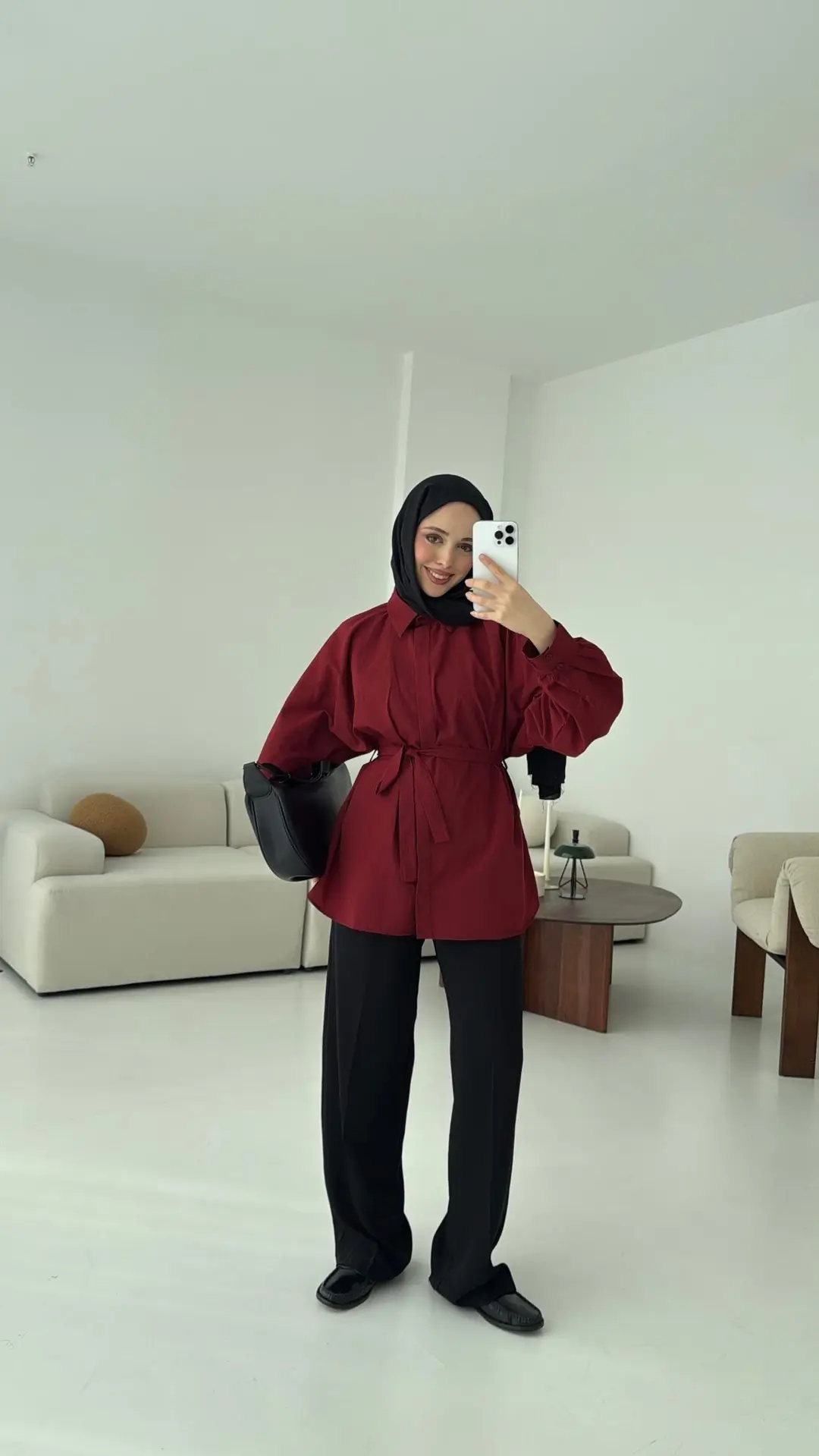 Bordo Balon Kol Bağlamalı Gömlek - Görsel 3