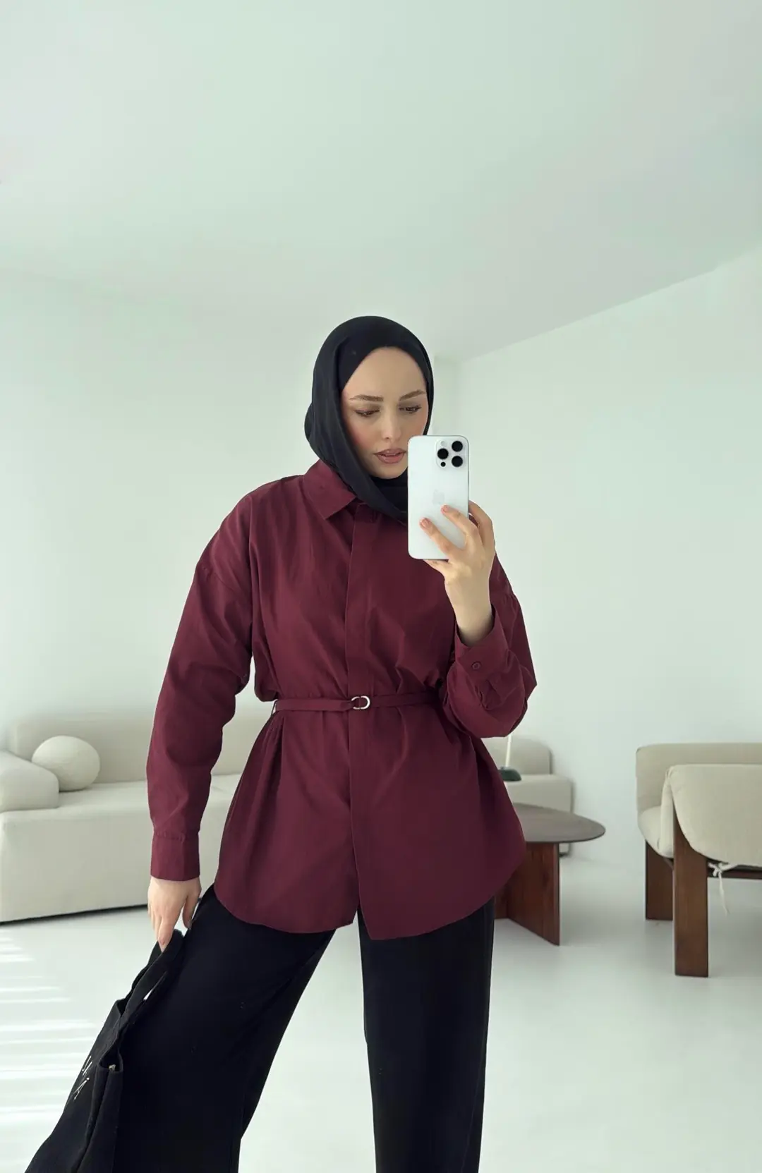 Bordo Kemerli Gömlek - Görsel 2