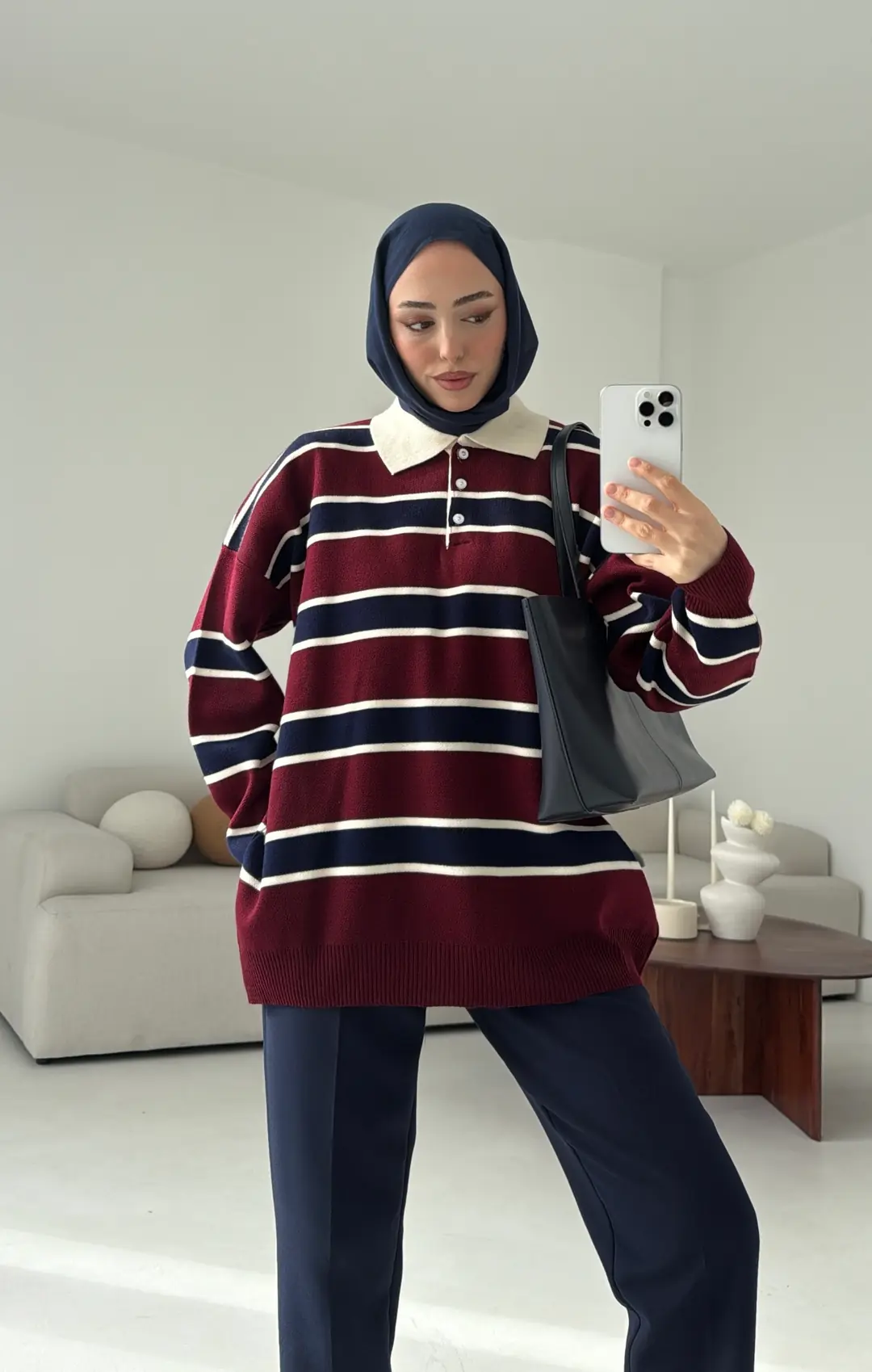Bordo Lacivert Cizgili Triko Kazak