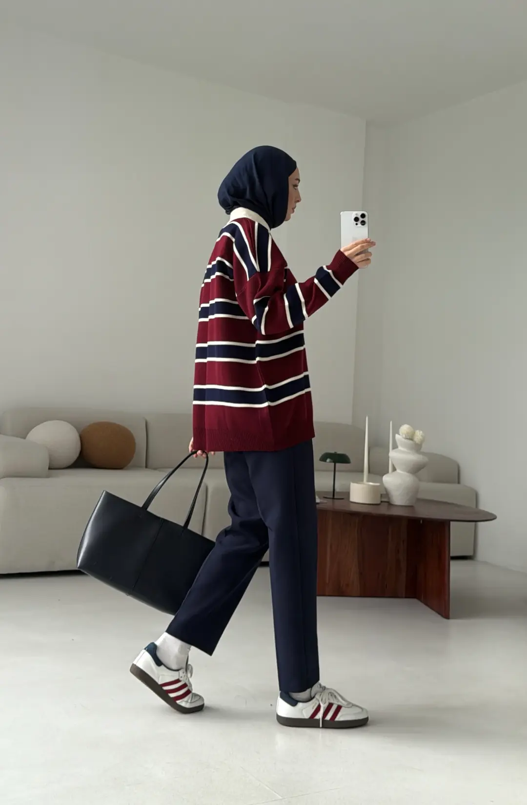 Bordo Lacivert Cizgili Triko Kazak - Görsel 3