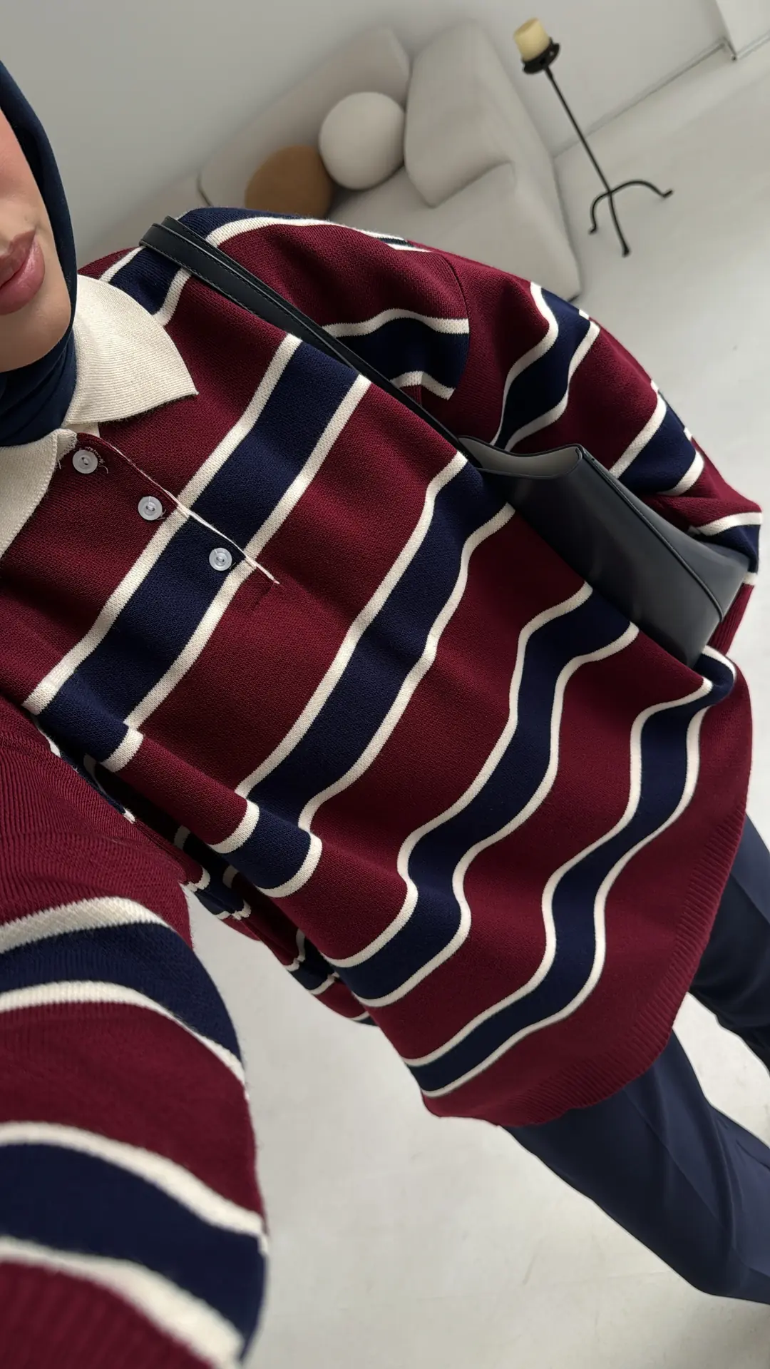 Bordo Lacivert Cizgili Triko Kazak - Görsel 5