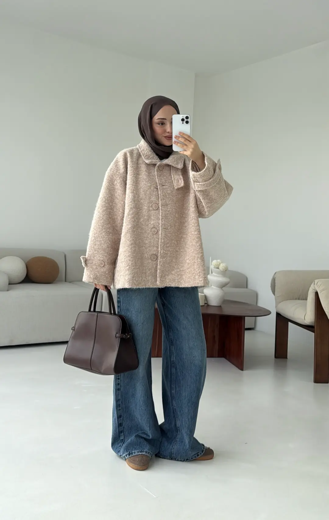 Boucle Yaka Detay Kaban Bej - Görsel 3