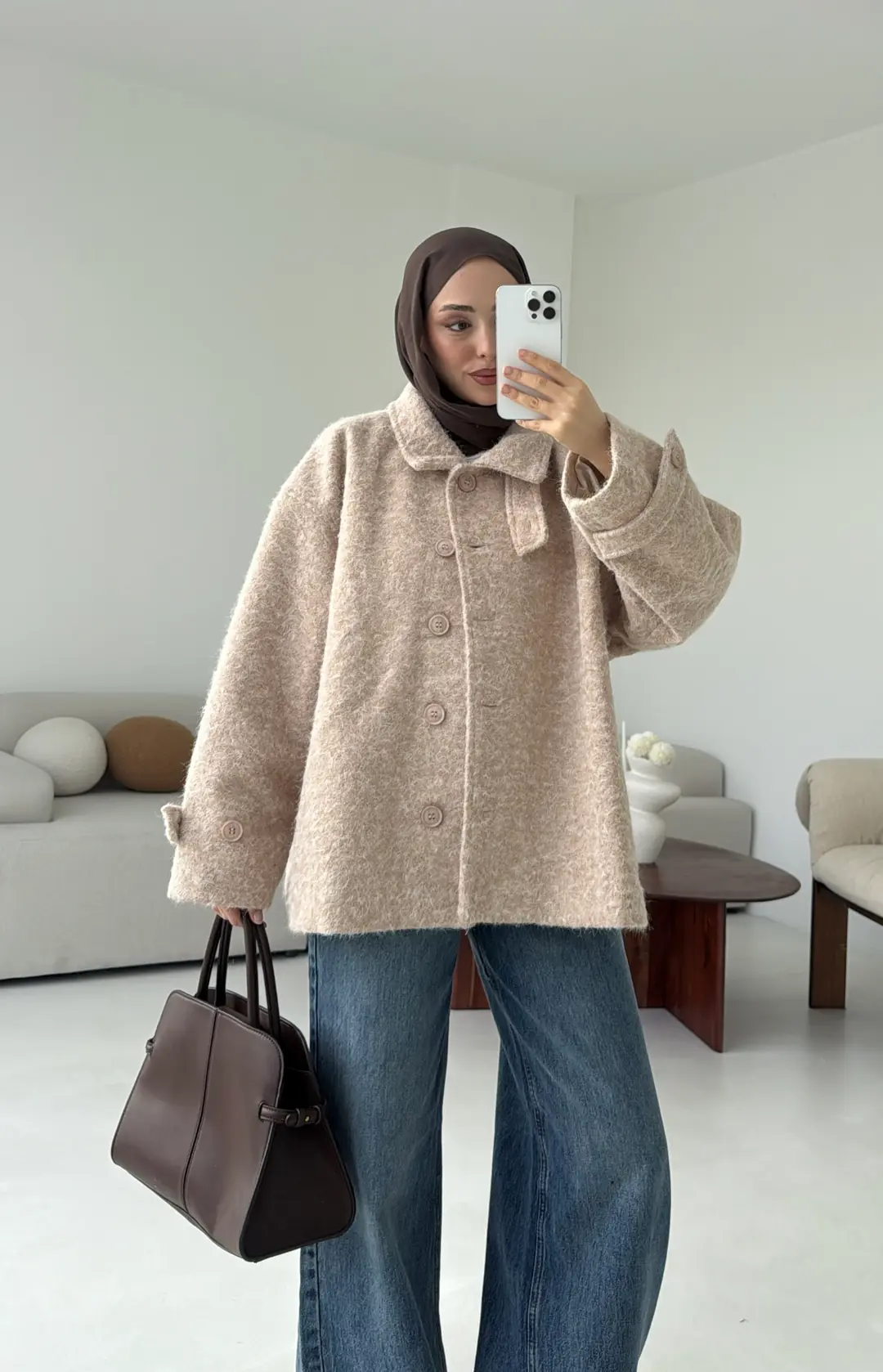 Boucle Yaka Detay Kaban Bej - Görsel 5