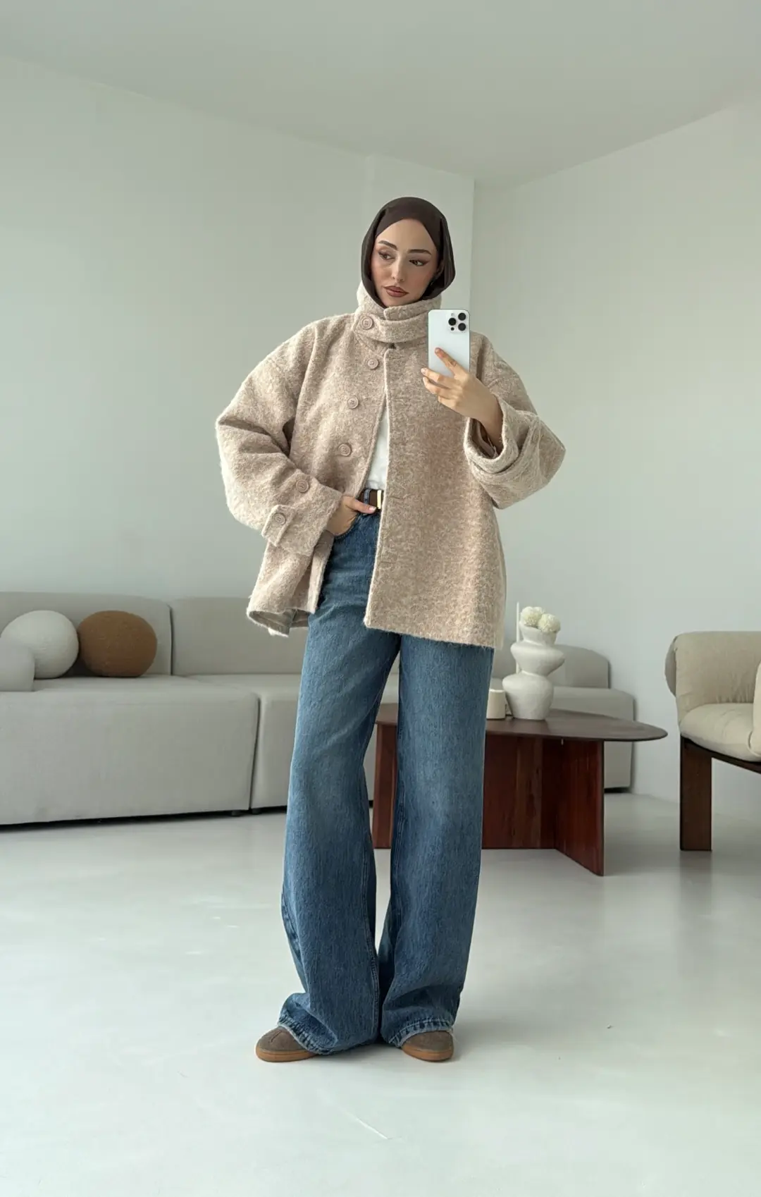 Boucle Yaka Detay Kaban Bej - Görsel 6