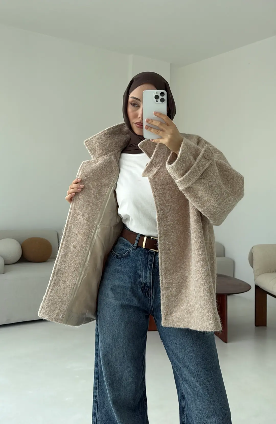 Boucle Yaka Detay Kaban Bej - Görsel 7