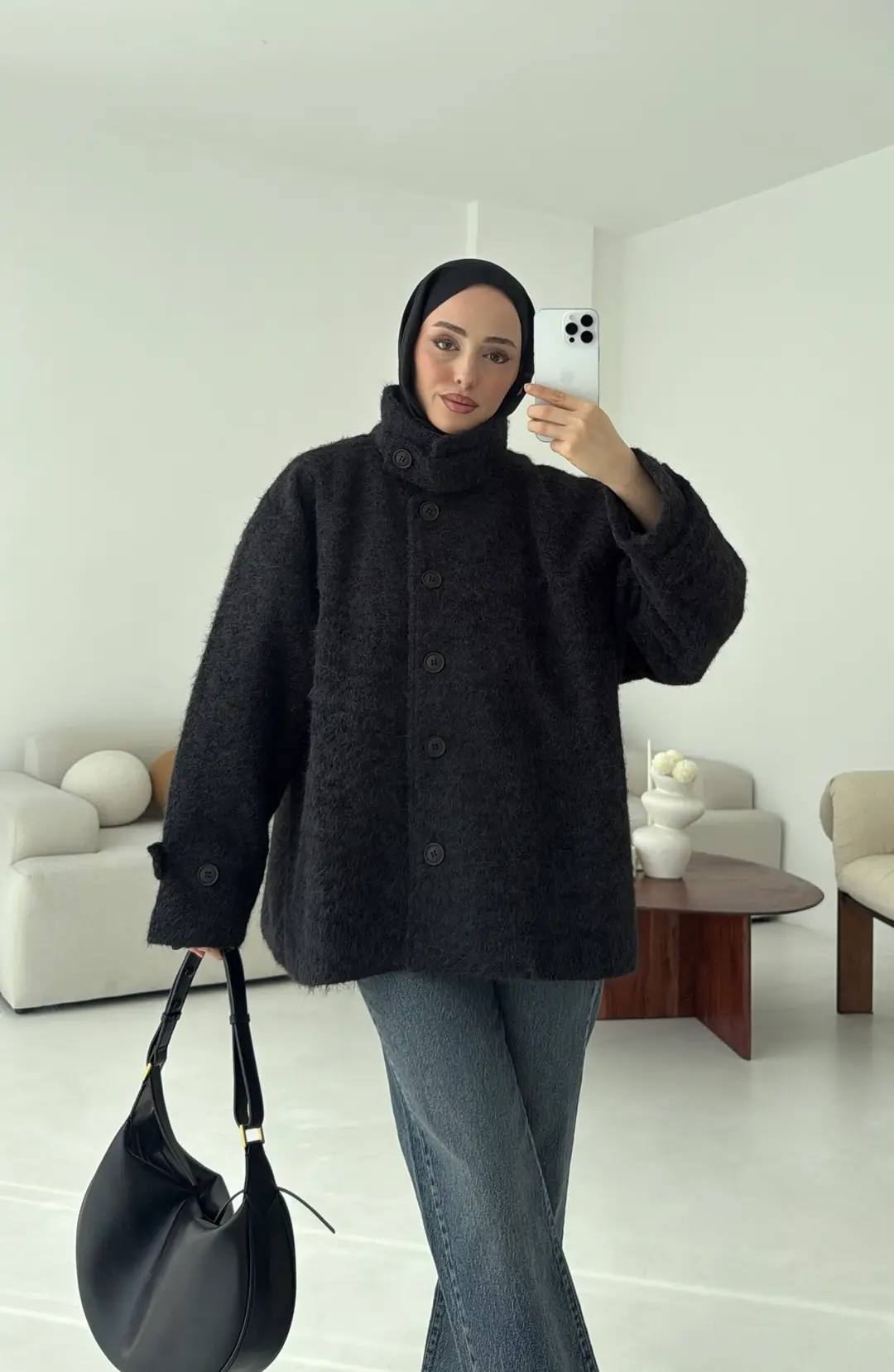 Boucle Yaka Detay Kaban Siyah - Görsel 7