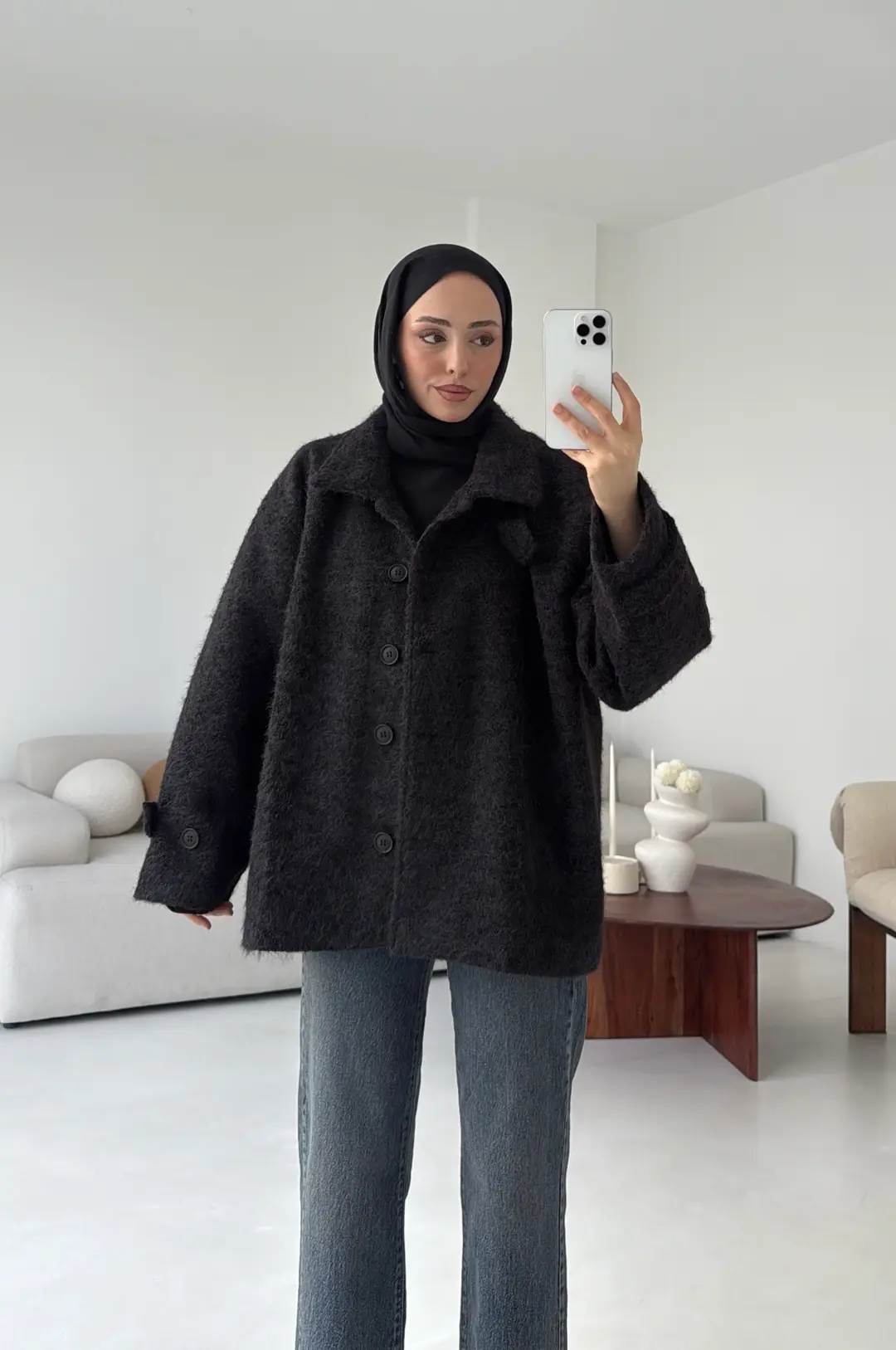 Boucle Yaka Detay Kaban Siyah - Görsel 8