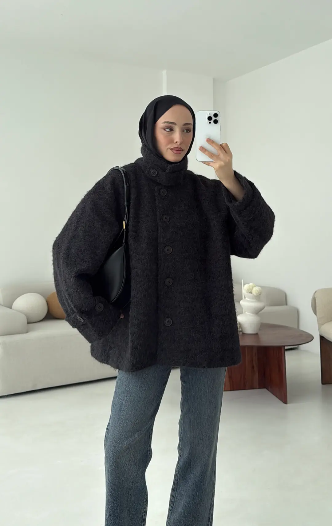 Boucle Yaka Detay Kaban Siyah - Görsel 9