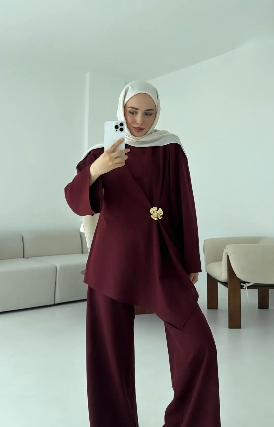 Broş Detay Bluz Takım Bordo - Görsel 2