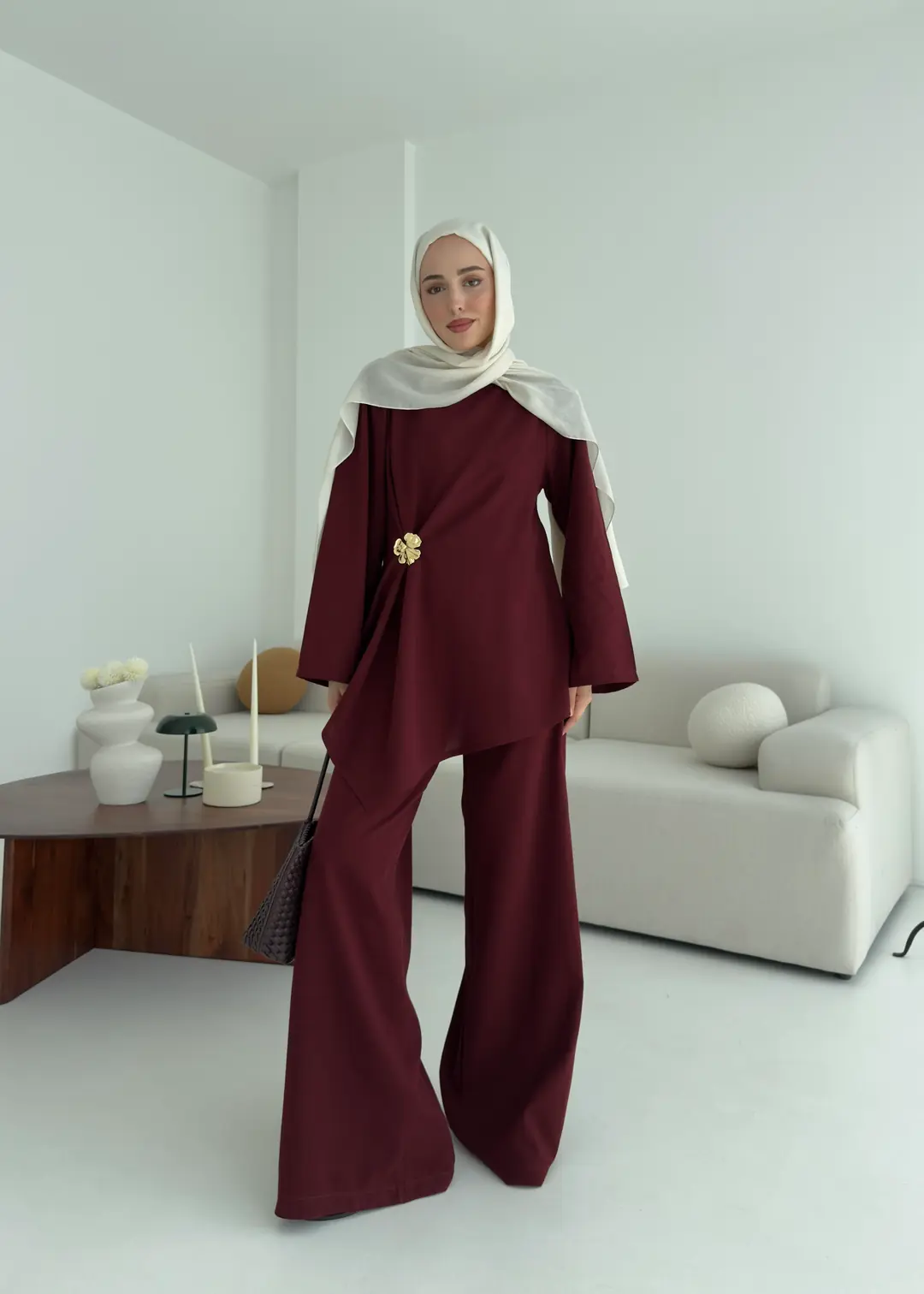 Broş Detay Bluz Takım Bordo - Görsel 5