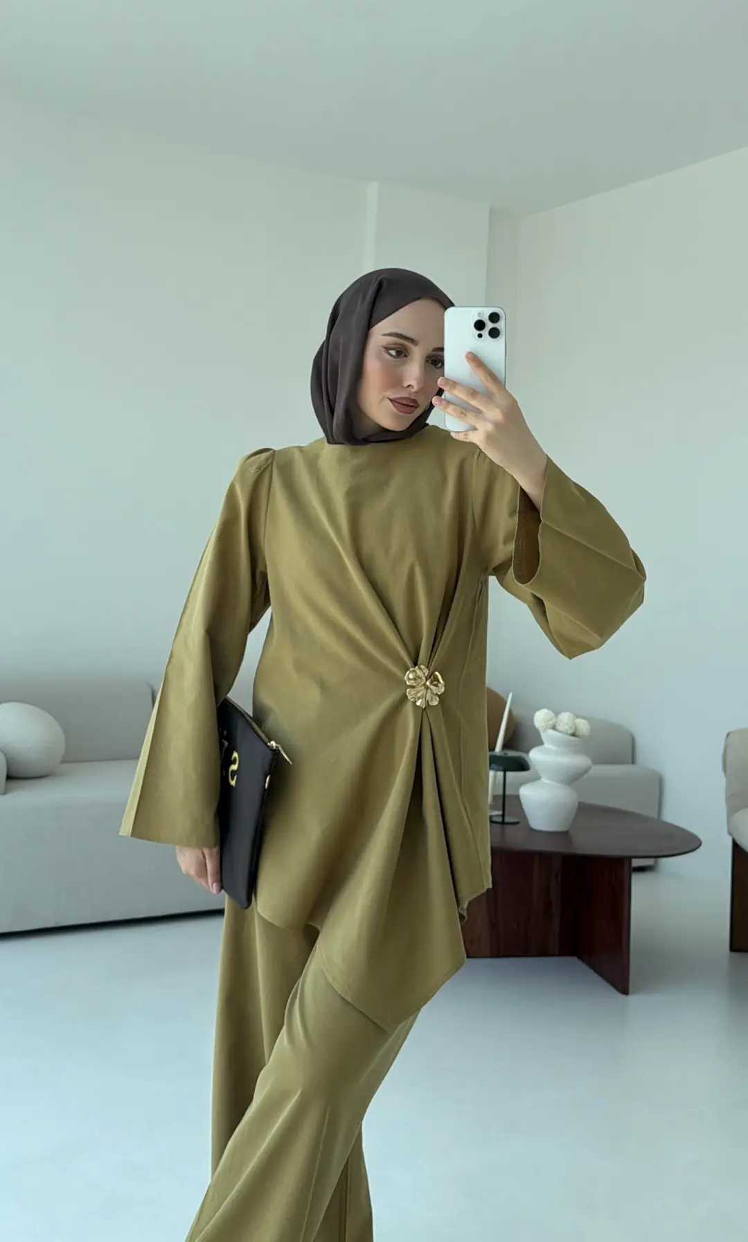 Broş Detay Bluz Takım Olive