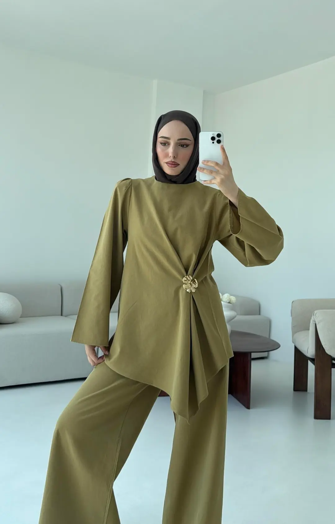 Broş Detay Bluz Takım Olive - Görsel 3