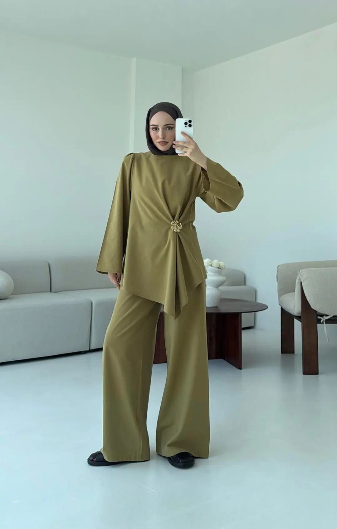 Broş Detay Bluz Takım Olive - Görsel 4