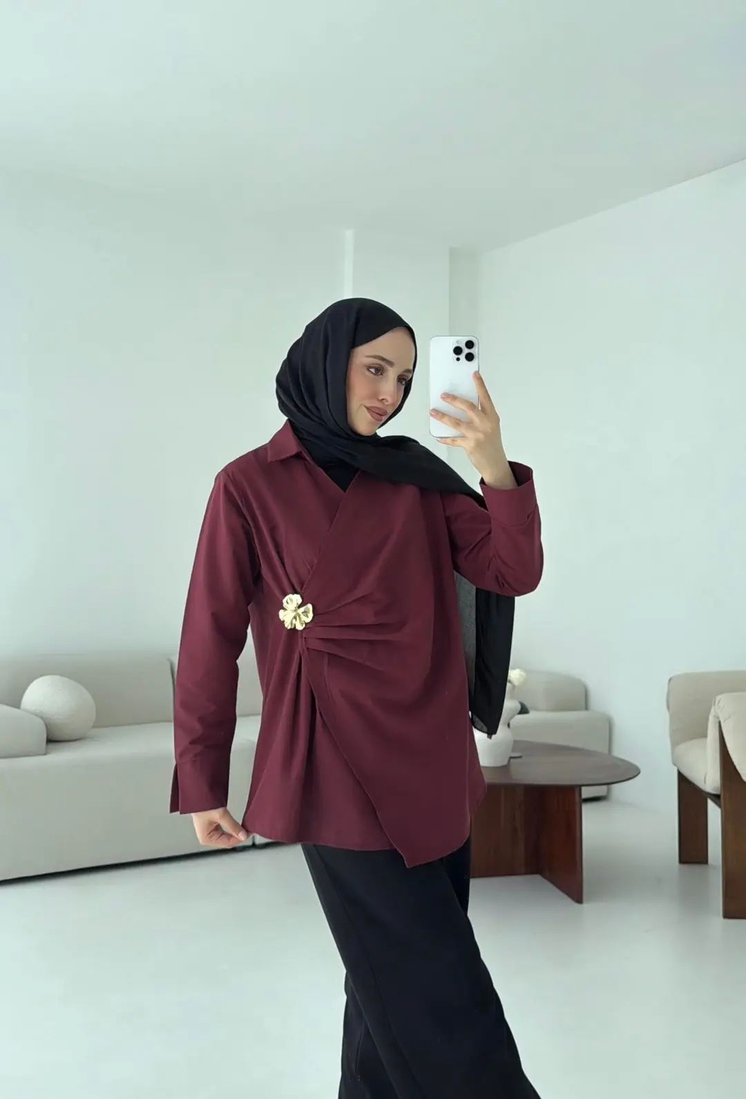 Broş Detaylı Tasarım Gömlek Bordo