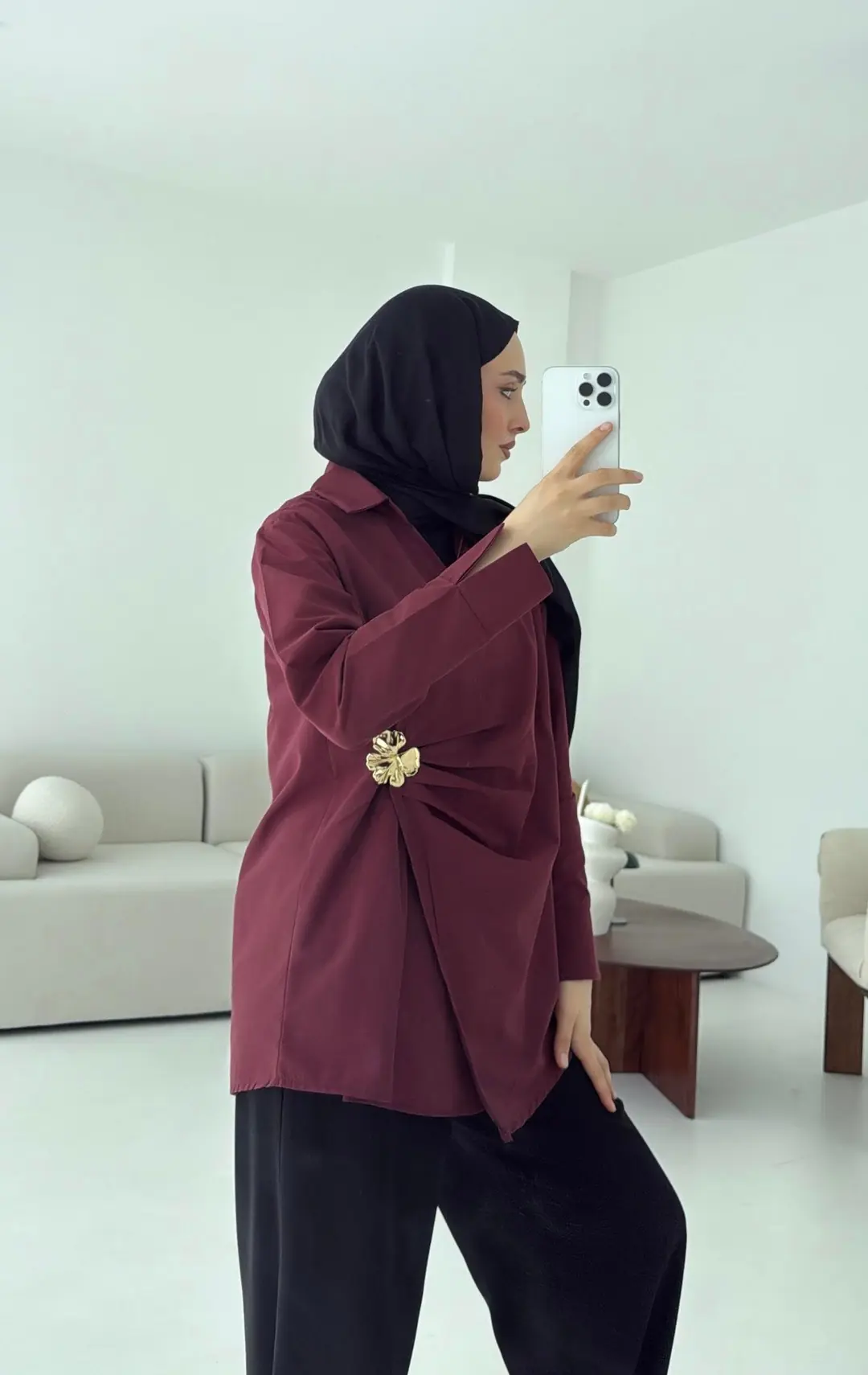 Broş Detaylı Tasarım Gömlek Bordo - Görsel 2